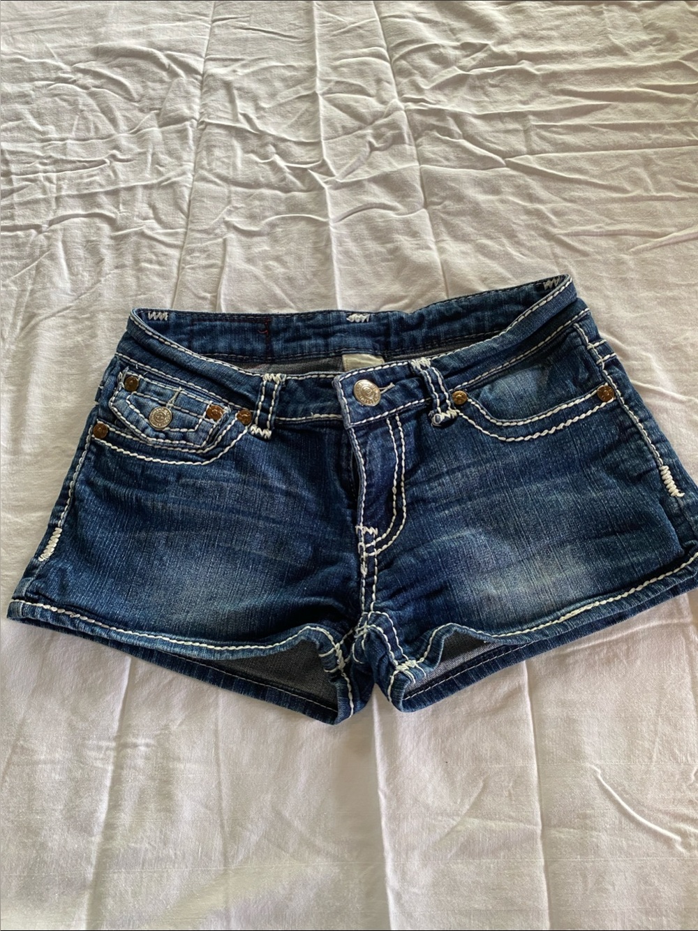 VINTAGE True Religion Johnny Super T Denim Shorts Thick White Stitch Flap Pocket